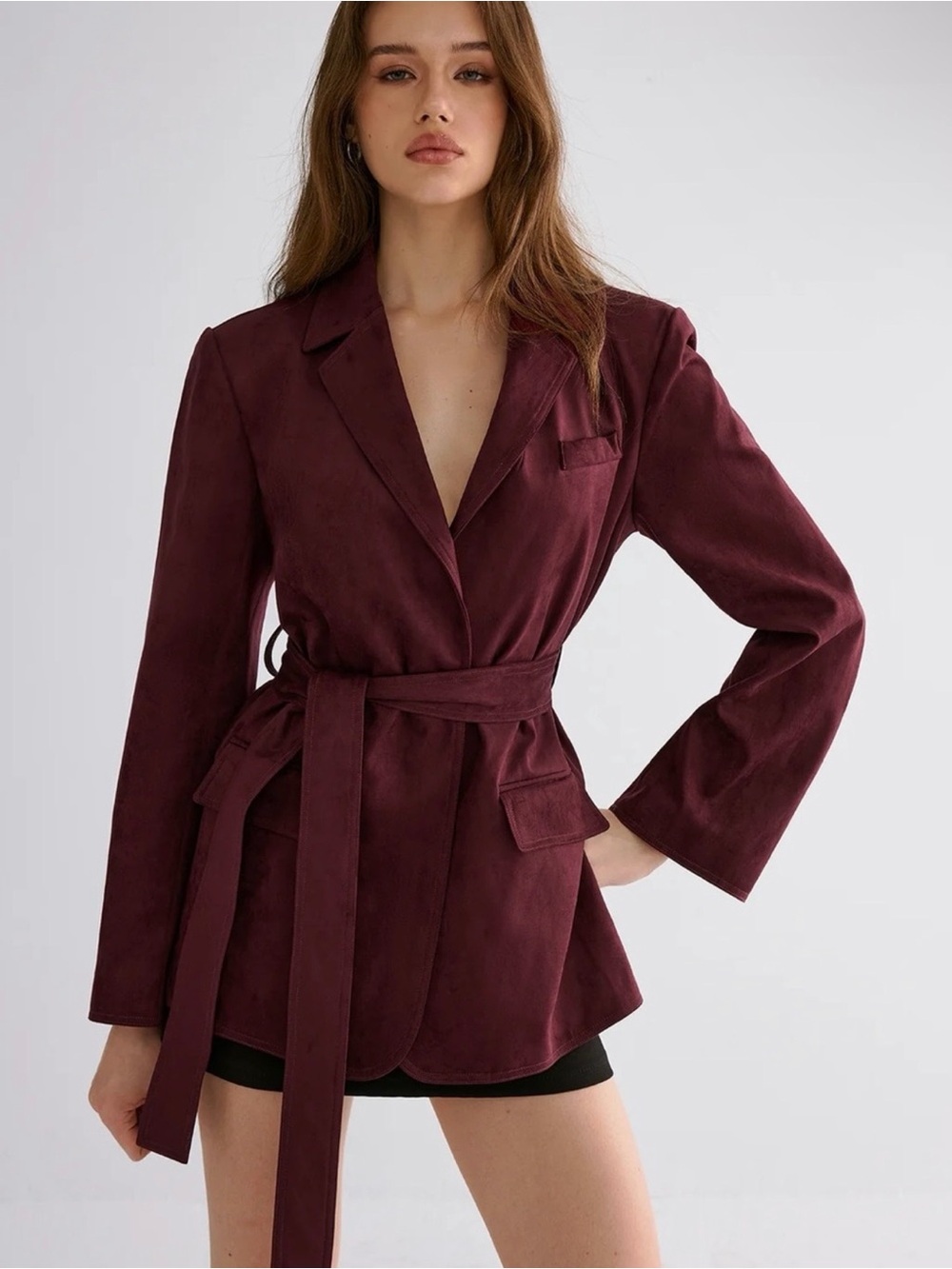 Commense Burgundy Belted Women's Blazer Jacket